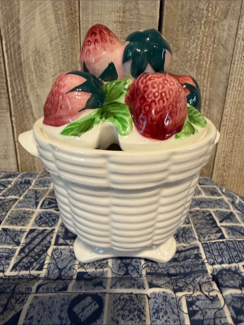 Lefton Majolica Basket OF Strawberries Jam Jar